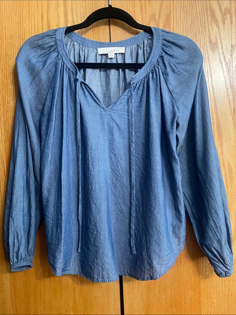 LOFT Denim-Blue Peasant Tie-Neck Blouse